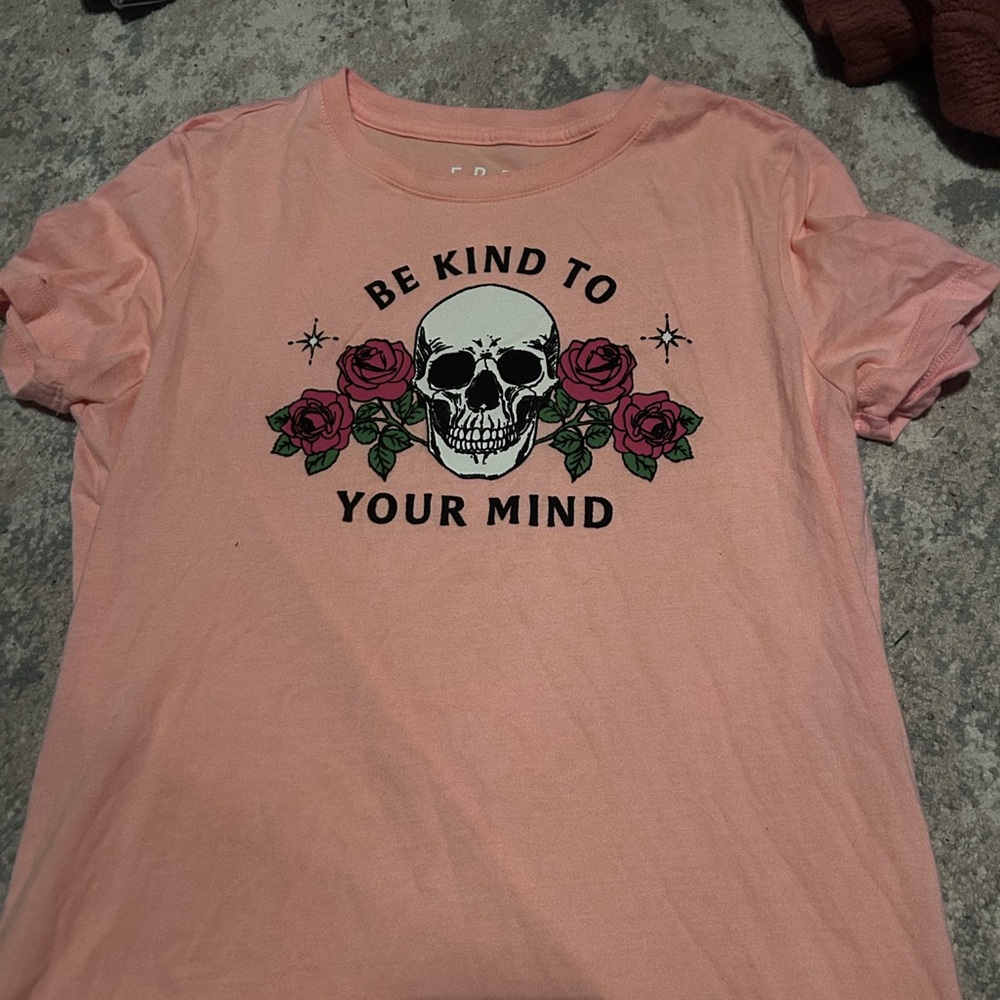 Pink Graphic Tee with Skull and Roses